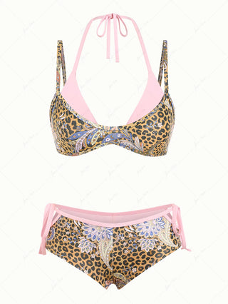 Brown Leopard Paisley Print Double Layer Top & Cutout Tie Cheeky Boyshorts Bikini Set