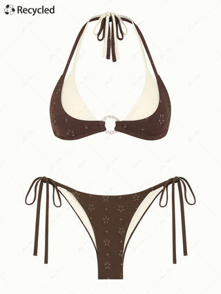 Deep Coffee Recycled Fabric Jacquard O Ring Double Layer Top  & Cheeky Brazilian Bottom Bikini Set