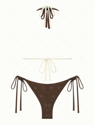 Deep Coffee Recycled Fabric Jacquard O Ring Double Layer Top  & Cheeky Brazilian Bottom Bikini Set