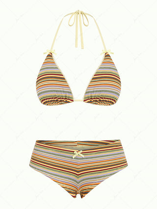 Yellow Ribbed Striped Lace Bowknot Triangle Cheeky Boyshorts Bikini Set