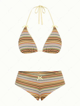 Yellow Ribbed Striped Lace Bowknot Triangle Cheeky Boyshorts Bikini Set
