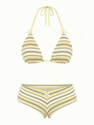 Yellow Striped Bowknot Halter Triangle Cheeky Boyshorts Bikini Set