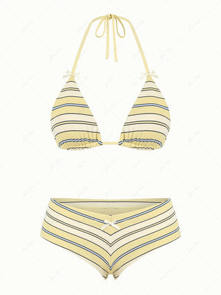 Yellow Striped Bowknot Halter Triangle Cheeky Boyshorts Bikini Set