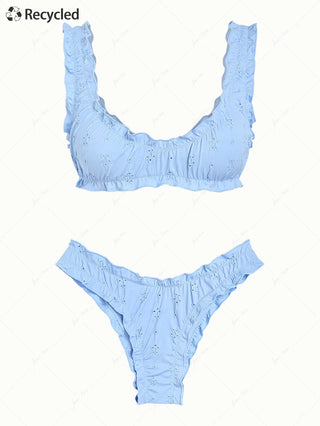 Light Blue Recycled Fabric Jacquard Ruffles Edge Bralette Bikini Set
