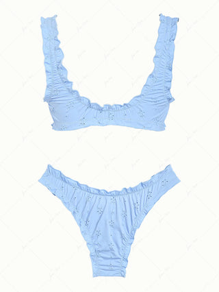 Light Blue Recycled Fabric Jacquard Ruffles Edge Bralette Bikini Set