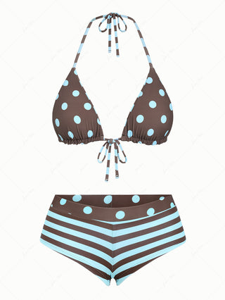 Coffee Striped Polka Dot Triangle Reversible Top & Cheeky Boyshorts Bikini Set