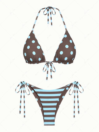 Coffee Striped Polka Dot Triangle Top & Cheeky Brazilian Bottom Reversible Bikini Set