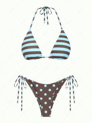 Coffee Striped Polka Dot Triangle Top & Cheeky Brazilian Bottom Reversible Bikini Set