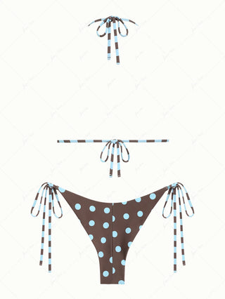 Coffee Striped Polka Dot Triangle Top & Cheeky Brazilian Bottom Reversible Bikini Set