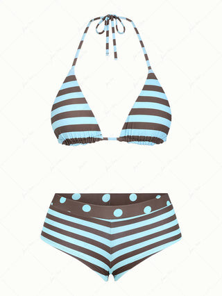 Coffee Striped Polka Dot Triangle Reversible Top & Cheeky Boyshorts Bikini Set