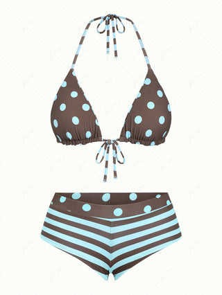 Coffee Striped Polka Dot Triangle Reversible Top & Cheeky Boyshorts Bikini Set