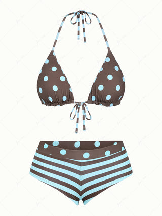Coffee Striped Polka Dot Triangle Reversible Top & Cheeky Boyshorts Bikini Set