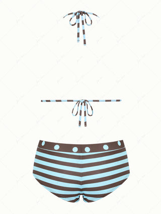 Coffee Striped Polka Dot Triangle Reversible Top & Cheeky Boyshorts Bikini Set