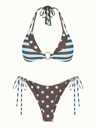 Coffee Striped Polka Dot O Ring Double Layer Top & Reversible Cheeky Brazilian Bottom Bikini Set