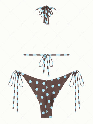 Coffee Striped Polka Dot O Ring Double Layer Top & Reversible Cheeky Brazilian Bottom Bikini Set