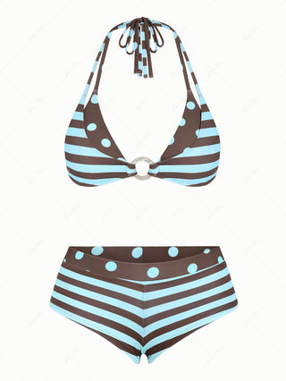Coffee Striped Polka Dot O Ring Double Top & Cheeky Boyshorts Bikini Set