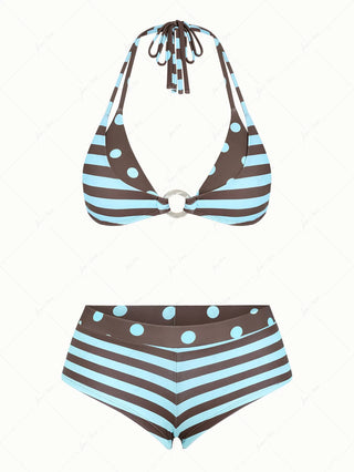 Coffee Striped Polka Dot O Ring Double Top & Cheeky Boyshorts Bikini Set