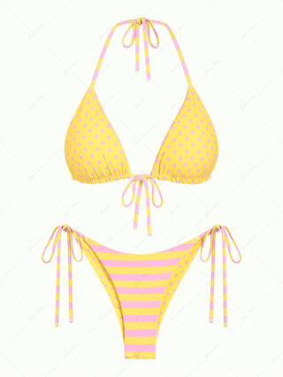 Yellow Striped Polka Dot Triangle Top & Cheeky Brazilian Bottom Reversible Bikini Set
