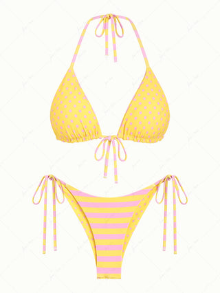 Yellow Striped Polka Dot Triangle Top & Cheeky Brazilian Bottom Reversible Bikini Set
