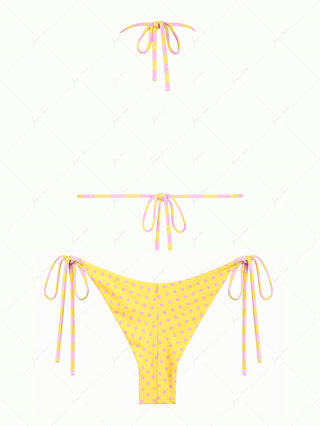 Yellow Striped Polka Dot Triangle Top & Cheeky Brazilian Bottom Reversible Bikini Set