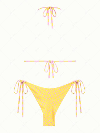 Yellow Striped Polka Dot Triangle Top & Cheeky Brazilian Bottom Reversible Bikini Set