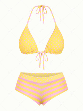 Yellow Striped Polka Dot Triangle Reversible Top & Cheeky Boyshorts Bikini Set