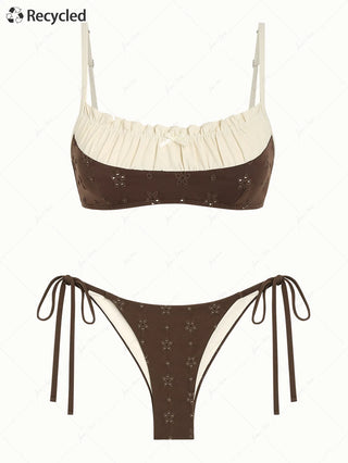 Deep Coffee Recycled Fabric Jacquard Ruched Bralette Top & Cheeky Brazilian Bottom Bikini Set