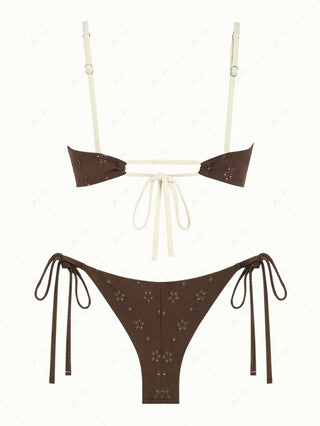 Deep Coffee Recycled Fabric Jacquard Ruched Bralette Top & Cheeky Brazilian Bottom Bikini Set