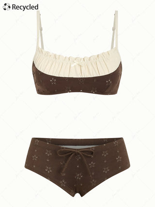 Deep Coffee Recycled Fabric Jacquard Ruched Bowknot Cheeky Boyshorts Bikini Set