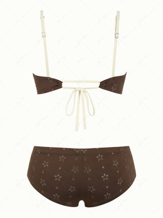 Deep Coffee Recycled Fabric Jacquard Ruched Bowknot Cheeky Boyshorts Bikini Set