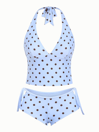 Sky Blue Polka Dot Halter Tied Back Reversible Top & Cutout Tie Cheeky Boyshorts Tankini Set