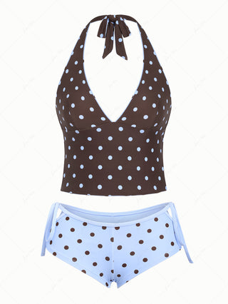 Sky Blue Polka Dot Halter Tied Back Reversible Top & Cutout Tie Cheeky Boyshorts Tankini Set