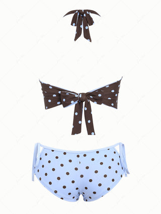 Sky Blue Polka Dot Halter Tied Back Reversible Top & Cutout Tie Cheeky Boyshorts Tankini Set