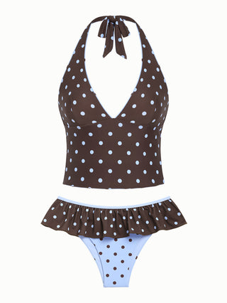Sky Blue Polka Dot Halter Tied Back Reversible Top & Skirted Bottom Tankini Set