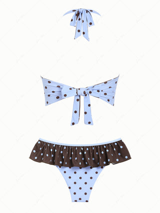 Sky Blue Polka Dot Halter Tied Back Reversible Top & Skirted Bottom Tankini Set