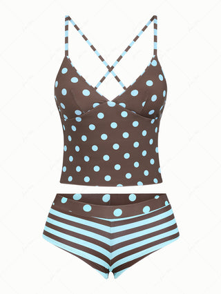 Coffee Striped Polka Dot Crisscross Tie Reversible Top & Cheeky Boyshorts Tankini Set