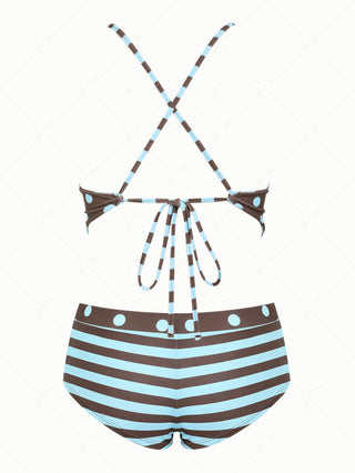 Coffee Striped Polka Dot Crisscross Tie Reversible Top & Cheeky Boyshorts Tankini Set