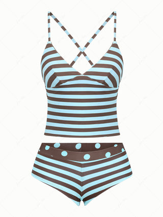 Coffee Striped Polka Dot Crisscross Tie Reversible Top & Cheeky Boyshorts Tankini Set