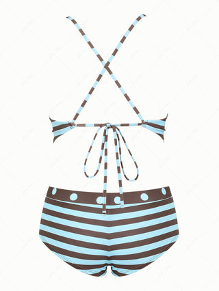 Coffee Striped Polka Dot Crisscross Tie Reversible Top & Cheeky Boyshorts Tankini Set