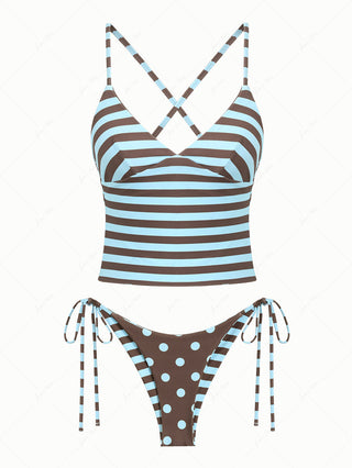 Coffee Striped Polka Dot Crisscross Tie Top & Cheeky Brazilian Bottom Reversible Tankini Set