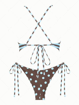 Coffee Striped Polka Dot Crisscross Tie Top & Cheeky Brazilian Bottom Reversible Tankini Set