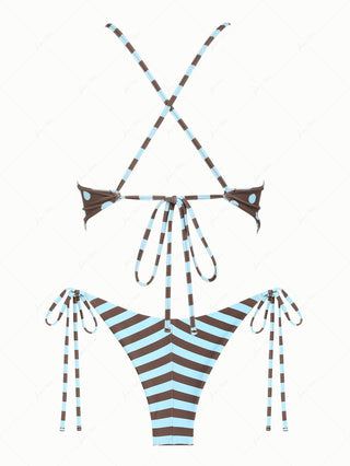 Coffee Striped Polka Dot Crisscross Tie Top & Cheeky Brazilian Bottom Reversible Tankini Set