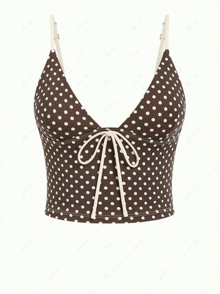 Deep Coffee Polka Dot Bowknot Plunging Neck Cami Tankini Top