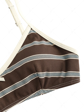 Deep Coffee Striped Bowknot Tank Style Cheeky Boyshorts Bikini Set
