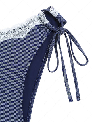 Deep Blue Denim Lace Plunging Neck Halter Tied Tankini Set