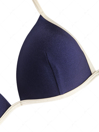 Deep Blue Contrast Binding Triangle Push Up Cheeky Boyshorts Bikini Set