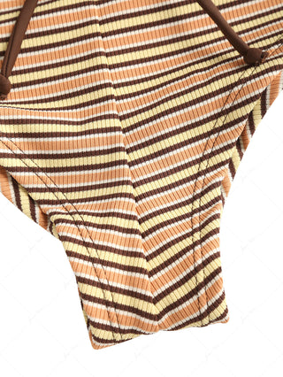 Yellow Ribbed Knit Striped Bowknot Bikini Bottom Cheeky Swim Boyshorts