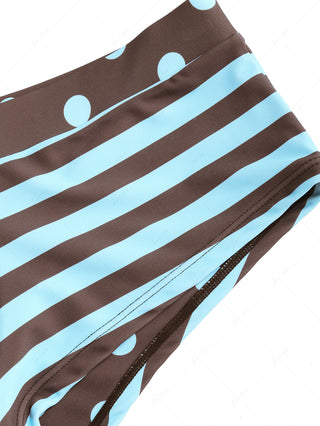 Coffee Striped Polka Dot Crisscross Tie Reversible Top & Cheeky Boyshorts Tankini Set