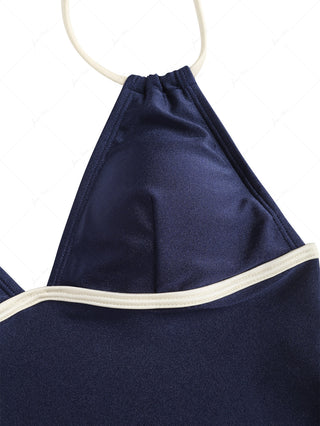 Deep Blue Contrast Piping Deep V Neck Halter Tankini Top