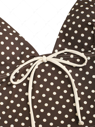 Deep Coffee Polka Dot Bowknot Plunging Neck Cami Tankini Top